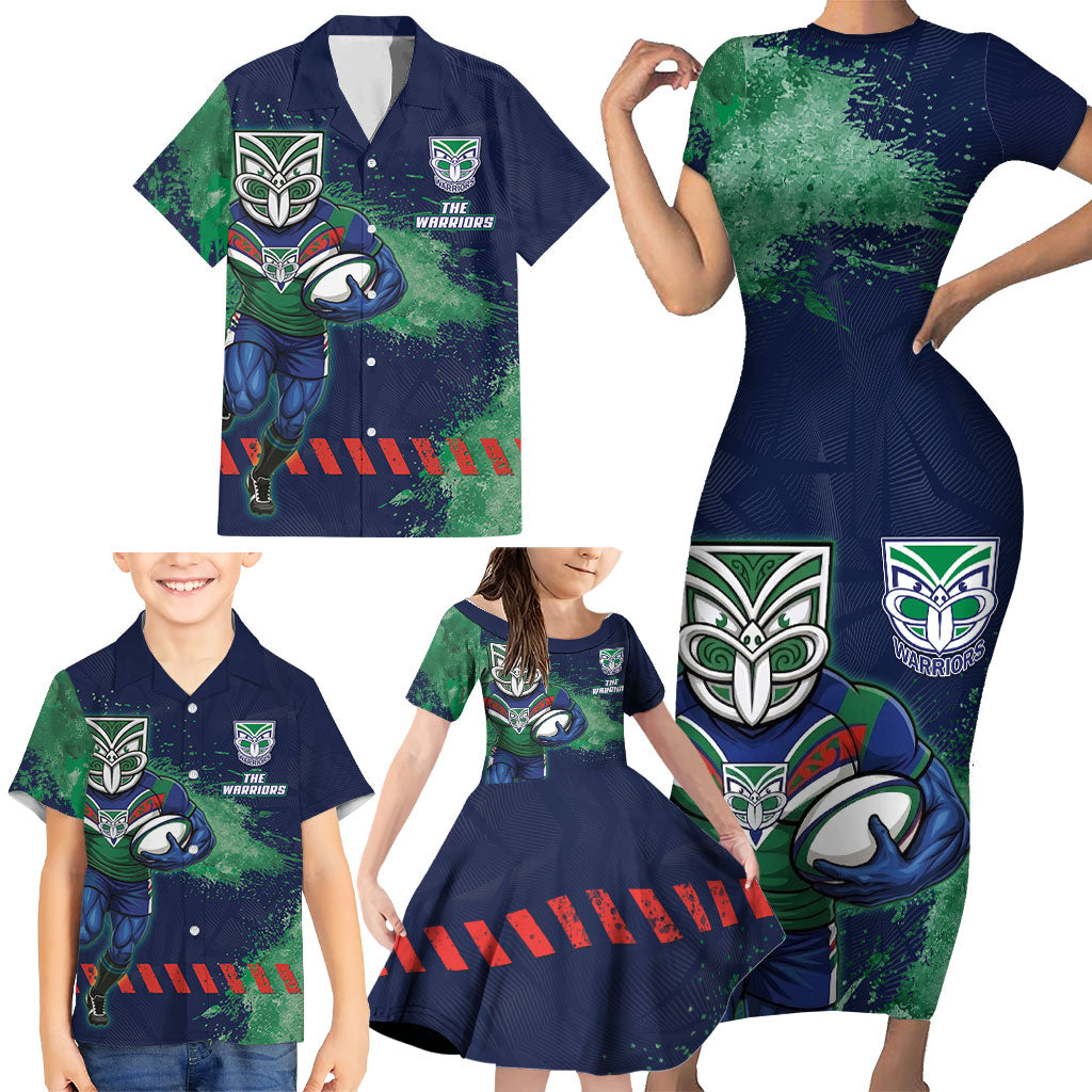 Personalised New Zealand Warriors Rugby Family Matching Short Sleeve Bodycon Dress and Hawaiian Shirt Maori The Wahs Mascot - Sporty Splash Art Style
