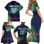 Personalised New Zealand Warriors Rugby Family Matching Short Sleeve Bodycon Dress and Hawaiian Shirt Maori The Wahs Mascot - Sporty Splash Art Style