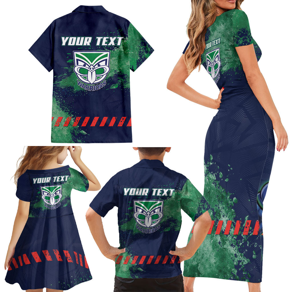 Personalised New Zealand Warriors Rugby Family Matching Short Sleeve Bodycon Dress and Hawaiian Shirt Maori The Wahs Mascot - Sporty Splash Art Style