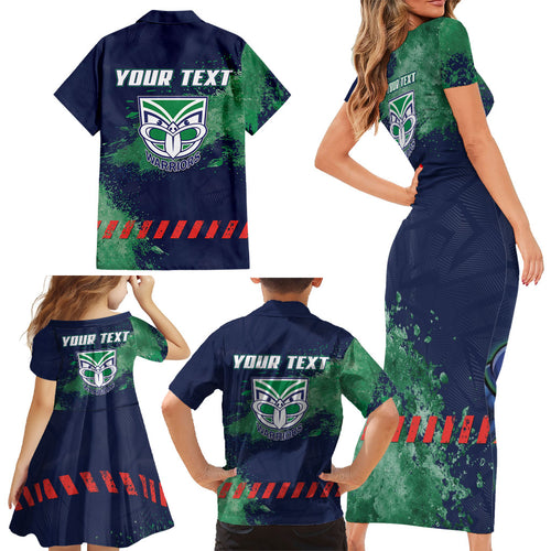 Personalised New Zealand Warriors Rugby Family Matching Short Sleeve Bodycon Dress and Hawaiian Shirt Maori The Wahs Mascot - Sporty Splash Art Style