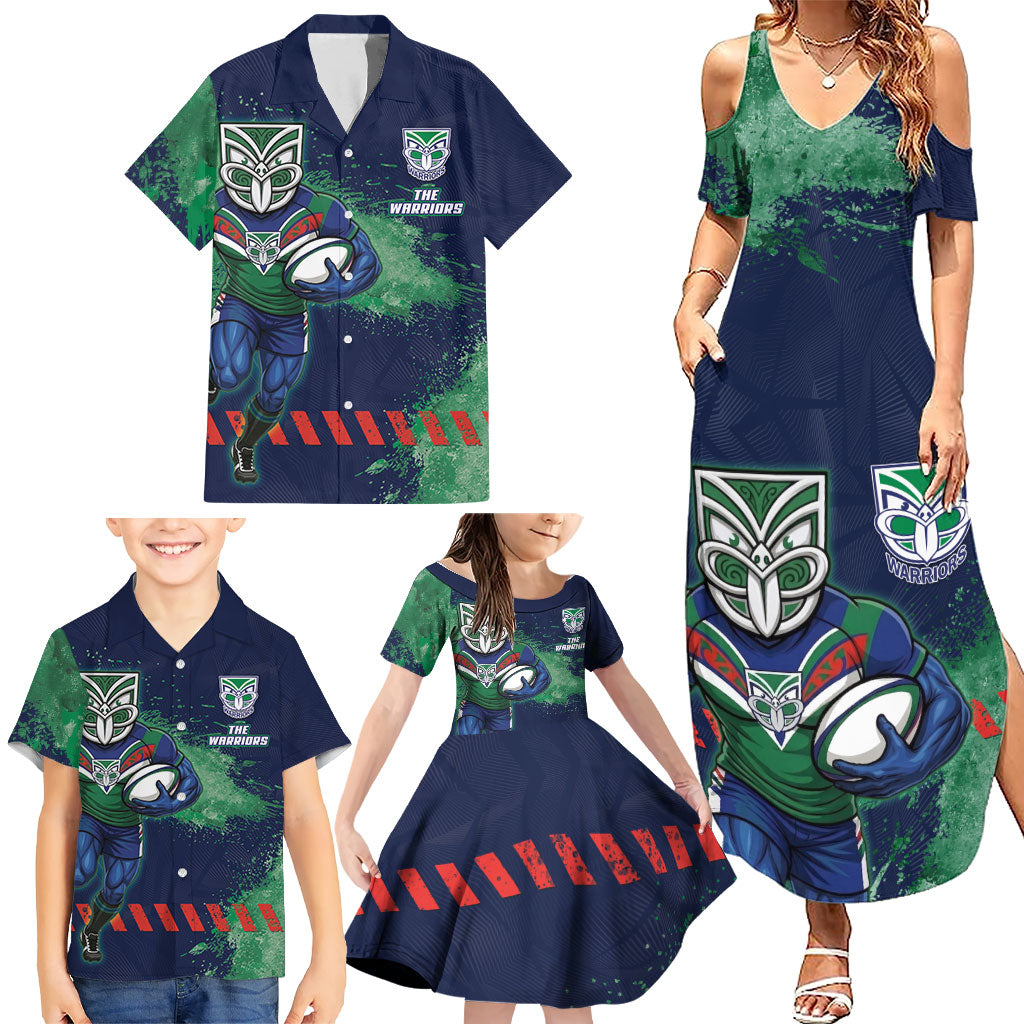 Personalised New Zealand Warriors Rugby Family Matching Summer Maxi Dress and Hawaiian Shirt Maori The Wahs Mascot - Sporty Splash Art Style