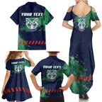 Personalised New Zealand Warriors Rugby Family Matching Summer Maxi Dress and Hawaiian Shirt Maori The Wahs Mascot - Sporty Splash Art Style