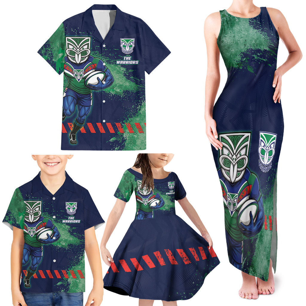 Personalised New Zealand Warriors Rugby Family Matching Tank Maxi Dress and Hawaiian Shirt Maori The Wahs Mascot - Sporty Splash Art Style