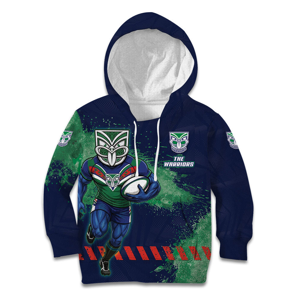 Personalised New Zealand Warriors Rugby Kid Hoodie Maori The Wahs Mascot - Sporty Splash Art Style
