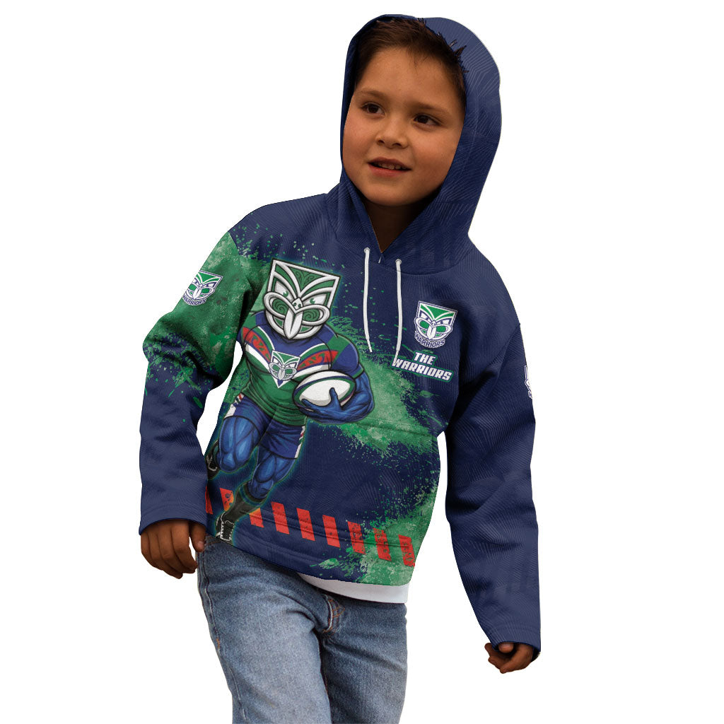 Personalised New Zealand Warriors Rugby Kid Hoodie Maori The Wahs Mascot - Sporty Splash Art Style