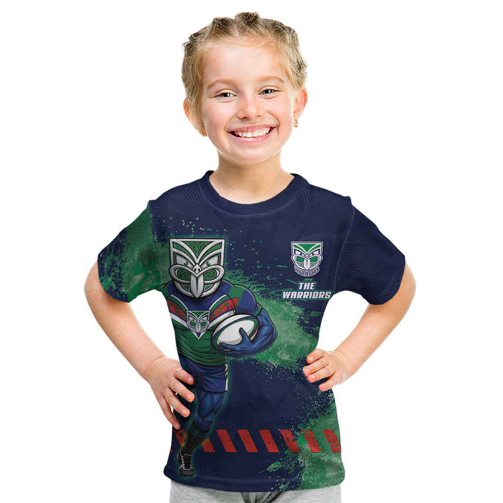 Personalised New Zealand Warriors Rugby Kid T Shirt Maori The Wahs Mascot - Sporty Splash Art Style