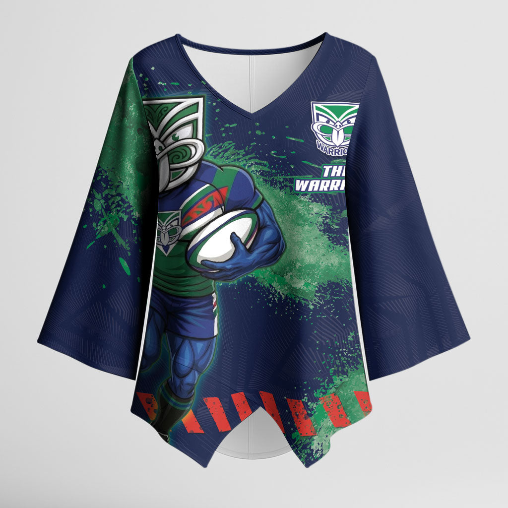 Personalised New Zealand Warriors Rugby Kimono Sleeve Blouse Maori The Wahs Mascot - Sporty Splash Art Style