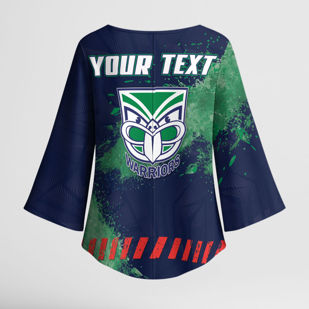 Personalised New Zealand Warriors Rugby Kimono Sleeve Blouse Maori The Wahs Mascot - Sporty Splash Art Style
