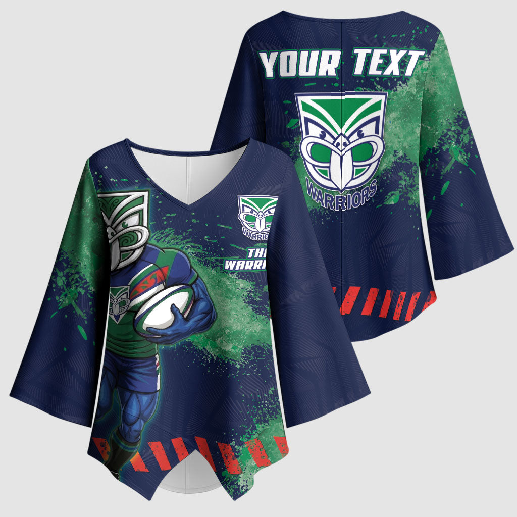 Personalised New Zealand Warriors Rugby Kimono Sleeve Blouse Maori The Wahs Mascot - Sporty Splash Art Style