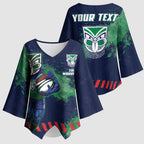Personalised New Zealand Warriors Rugby Kimono Sleeve Blouse Maori The Wahs Mascot - Sporty Splash Art Style