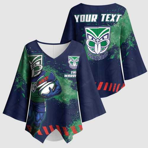 Personalised New Zealand Warriors Rugby Kimono Sleeve Blouse Maori The Wahs Mascot - Sporty Splash Art Style