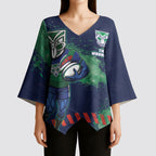 Personalised New Zealand Warriors Rugby Kimono Sleeve Blouse Maori The Wahs Mascot - Sporty Splash Art Style
