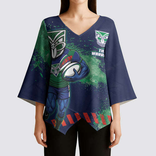 Personalised New Zealand Warriors Rugby Kimono Sleeve Blouse Maori The Wahs Mascot - Sporty Splash Art Style