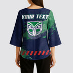 Personalised New Zealand Warriors Rugby Kimono Sleeve Blouse Maori The Wahs Mascot - Sporty Splash Art Style