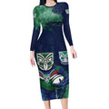 Personalised New Zealand Warriors Rugby Long Sleeve Bodycon Dress Maori The Wahs Mascot - Sporty Splash Art Style