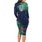 Personalised New Zealand Warriors Rugby Long Sleeve Bodycon Dress Maori The Wahs Mascot - Sporty Splash Art Style
