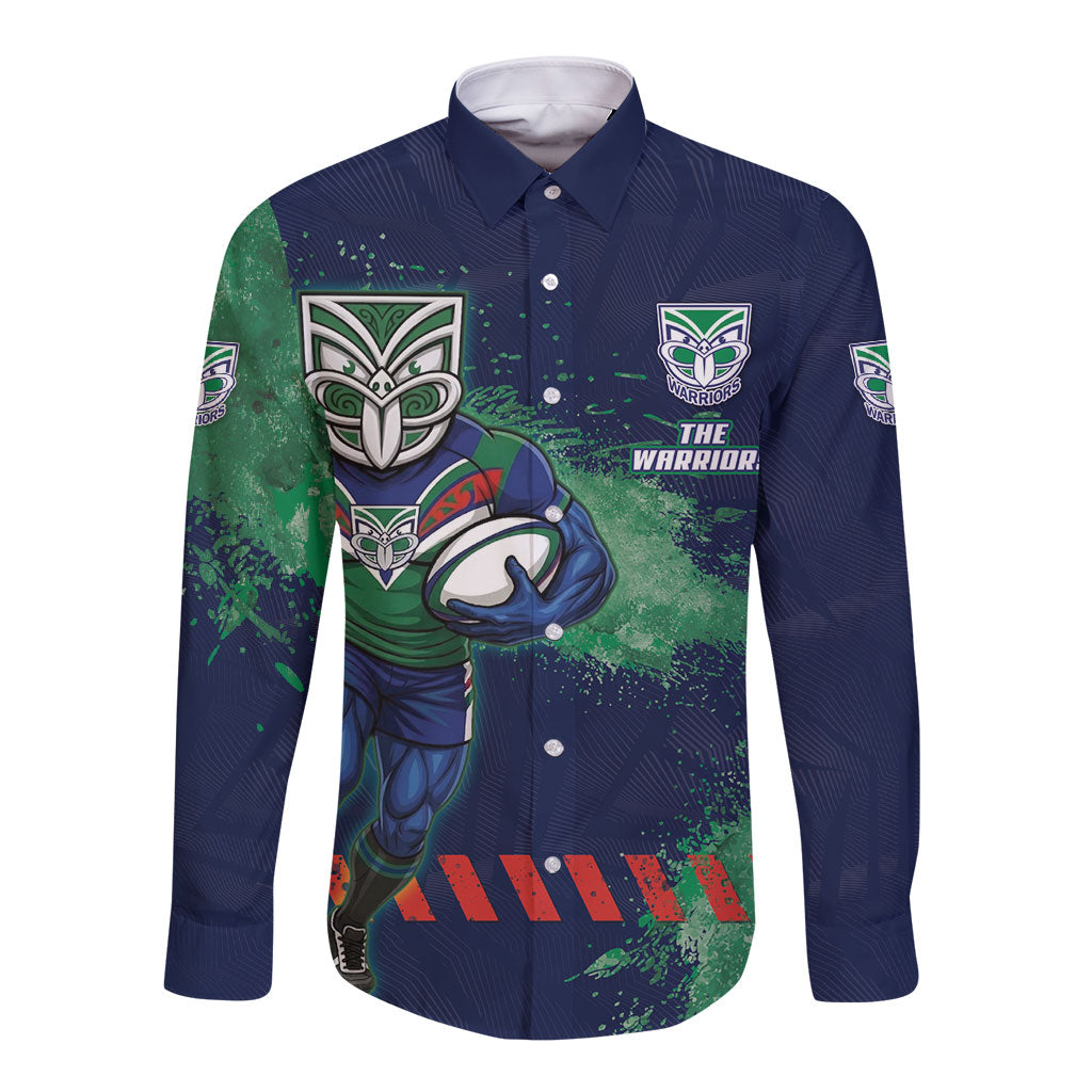Personalised New Zealand Warriors Rugby Long Sleeve Button Shirt Maori The Wahs Mascot - Sporty Splash Art Style