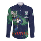 Personalised New Zealand Warriors Rugby Long Sleeve Button Shirt Maori The Wahs Mascot - Sporty Splash Art Style