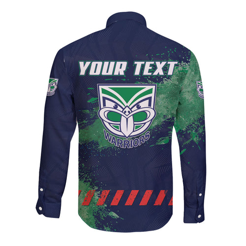 Personalised New Zealand Warriors Rugby Long Sleeve Button Shirt Maori The Wahs Mascot - Sporty Splash Art Style