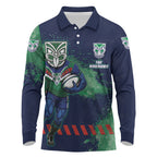 Personalised New Zealand Warriors Rugby Long Sleeve Polo Shirt Maori The Wahs Mascot - Sporty Splash Art Style