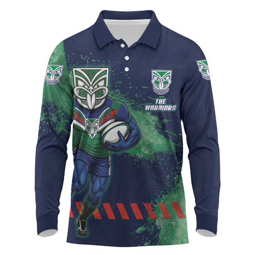 Personalised New Zealand Warriors Rugby Long Sleeve Polo Shirt Maori The Wahs Mascot - Sporty Splash Art Style