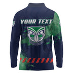 Personalised New Zealand Warriors Rugby Long Sleeve Polo Shirt Maori The Wahs Mascot - Sporty Splash Art Style