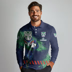 Personalised New Zealand Warriors Rugby Long Sleeve Polo Shirt Maori The Wahs Mascot - Sporty Splash Art Style