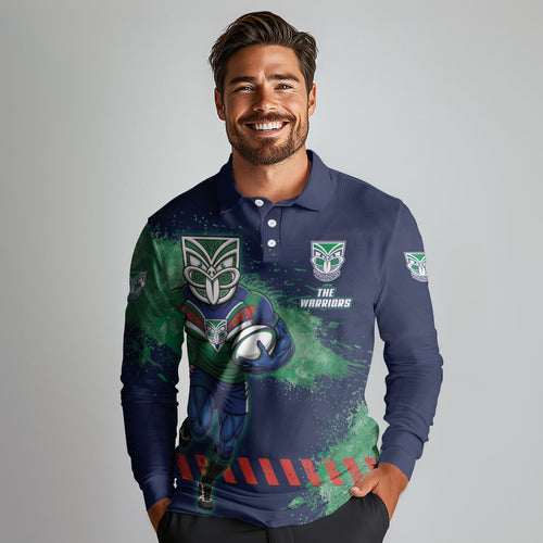 Personalised New Zealand Warriors Rugby Long Sleeve Polo Shirt Maori The Wahs Mascot - Sporty Splash Art Style