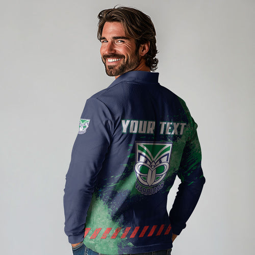 Personalised New Zealand Warriors Rugby Long Sleeve Polo Shirt Maori The Wahs Mascot - Sporty Splash Art Style