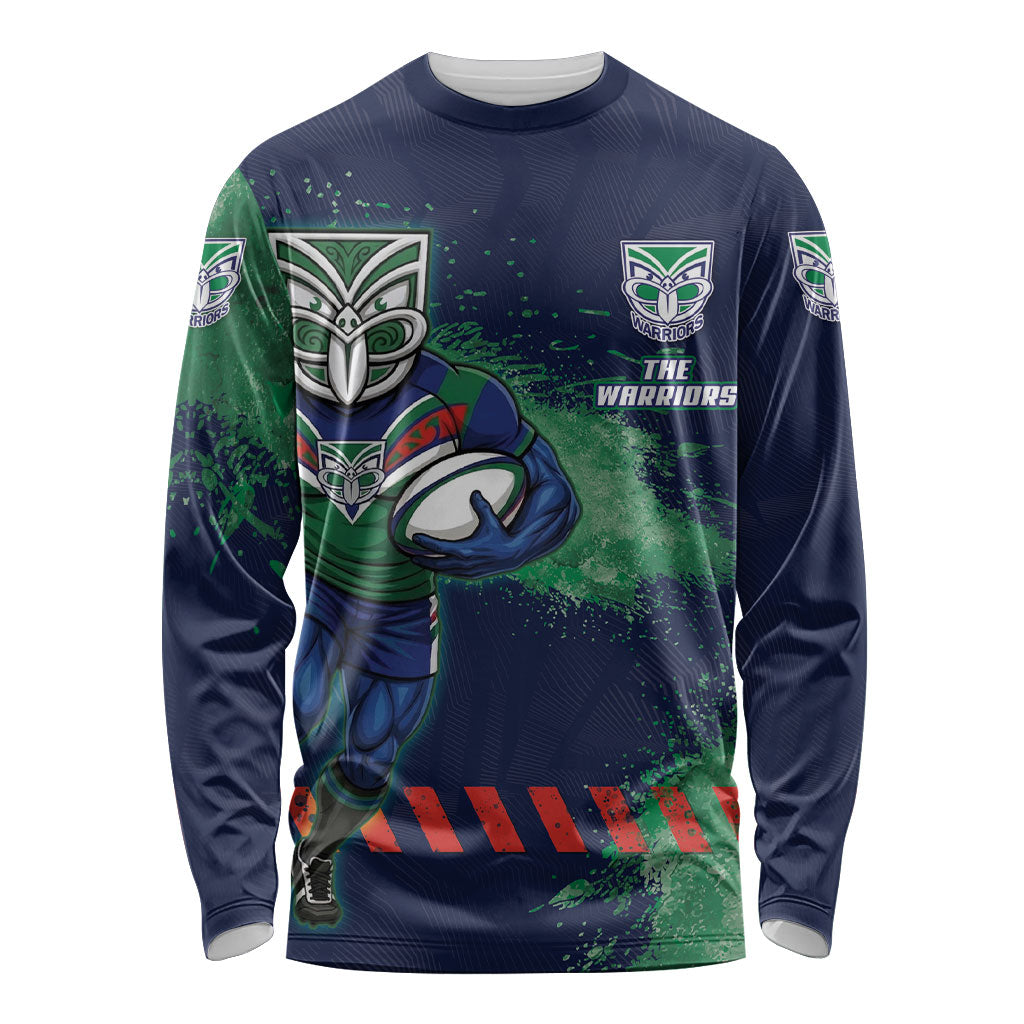 Personalised New Zealand Warriors Rugby Long Sleeve Shirt Maori The Wahs Mascot - Sporty Splash Art Style