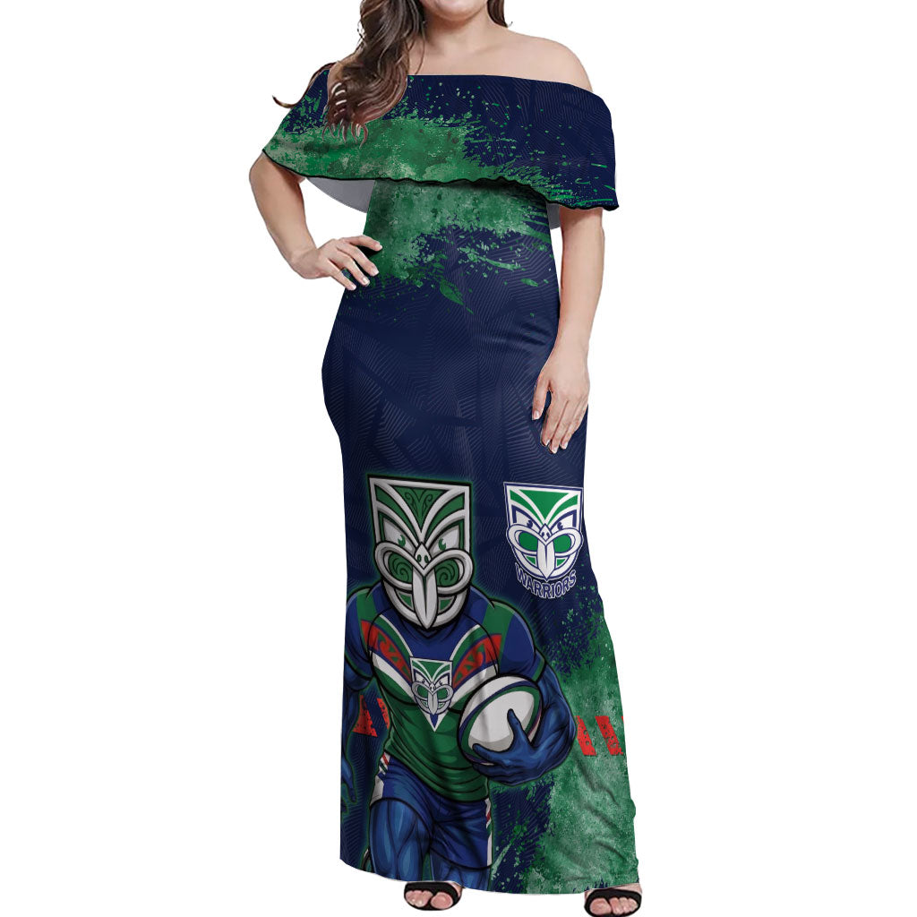 Personalised New Zealand Warriors Rugby Off Shoulder Maxi Dress Maori The Wahs Mascot - Sporty Splash Art Style