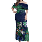 Personalised New Zealand Warriors Rugby Off Shoulder Maxi Dress Maori The Wahs Mascot - Sporty Splash Art Style