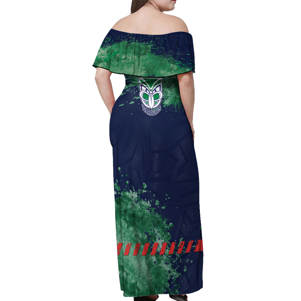 Personalised New Zealand Warriors Rugby Off Shoulder Maxi Dress Maori The Wahs Mascot - Sporty Splash Art Style
