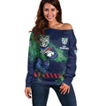 Personalised New Zealand Warriors Rugby Off Shoulder Sweater Maori The Wahs Mascot - Sporty Splash Art Style
