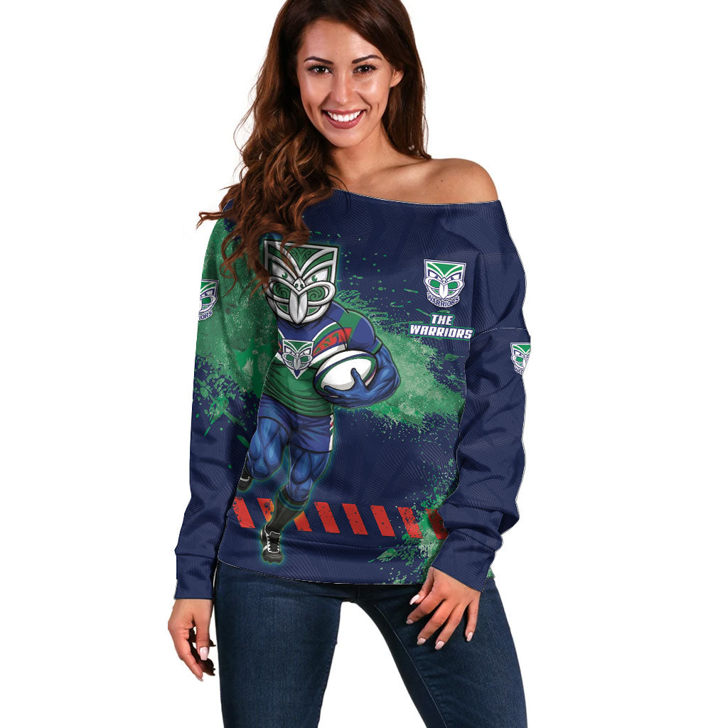 Personalised New Zealand Warriors Rugby Off Shoulder Sweater Maori The Wahs Mascot - Sporty Splash Art Style