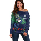 Personalised New Zealand Warriors Rugby Off Shoulder Sweater Maori The Wahs Mascot - Sporty Splash Art Style