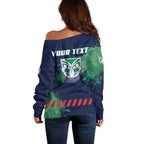 Personalised New Zealand Warriors Rugby Off Shoulder Sweater Maori The Wahs Mascot - Sporty Splash Art Style