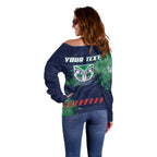 Personalised New Zealand Warriors Rugby Off Shoulder Sweater Maori The Wahs Mascot - Sporty Splash Art Style