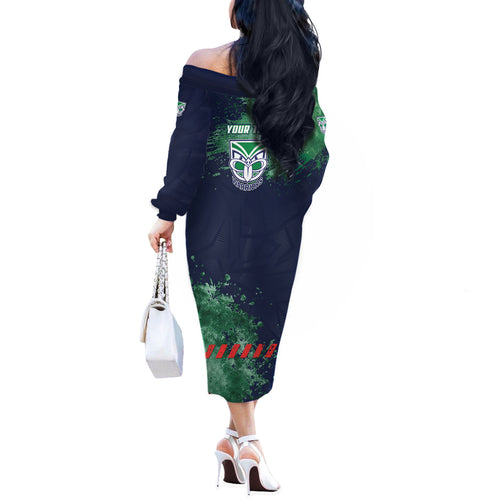 Personalised New Zealand Warriors Rugby Off The Shoulder Long Sleeve Dress Maori The Wahs Mascot - Sporty Splash Art Style