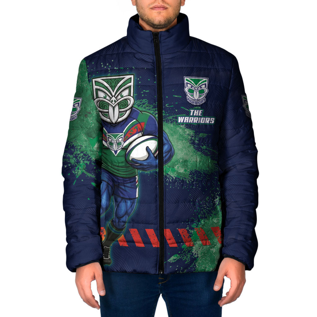 Personalised New Zealand Warriors Rugby Padded Jacket Maori The Wahs Mascot - Sporty Splash Art Style