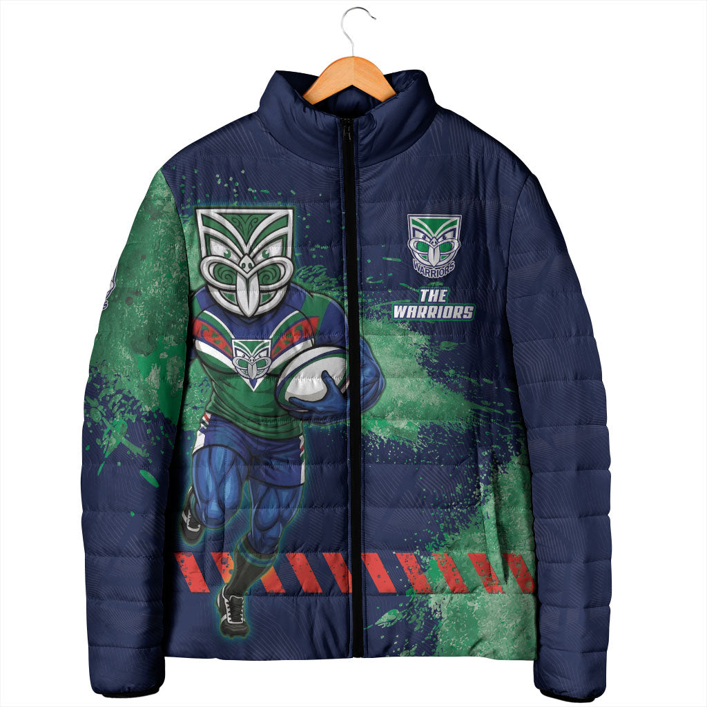 Personalised New Zealand Warriors Rugby Padded Jacket Maori The Wahs Mascot - Sporty Splash Art Style
