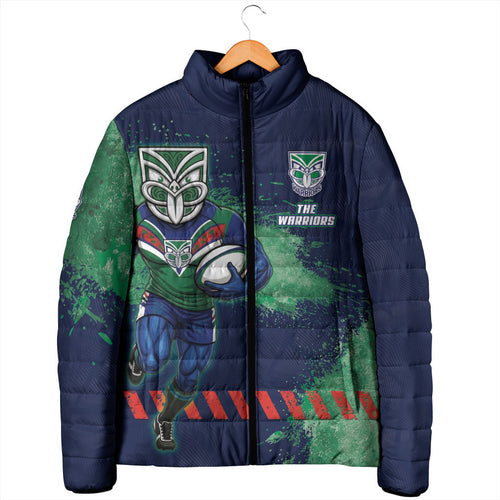 Personalised New Zealand Warriors Rugby Padded Jacket Maori The Wahs Mascot - Sporty Splash Art Style