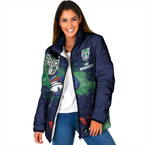 Personalised New Zealand Warriors Rugby Padded Jacket Maori The Wahs Mascot - Sporty Splash Art Style