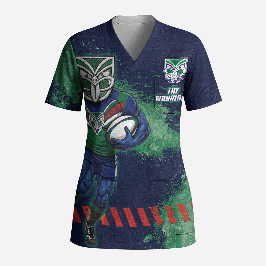 Personalised New Zealand Warriors Rugby Scrub Top Maori The Wahs Mascot - Sporty Splash Art Style