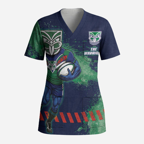 Personalised New Zealand Warriors Rugby Scrub Top Maori The Wahs Mascot - Sporty Splash Art Style