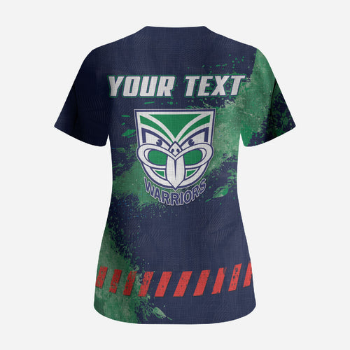 Personalised New Zealand Warriors Rugby Scrub Top Maori The Wahs Mascot - Sporty Splash Art Style