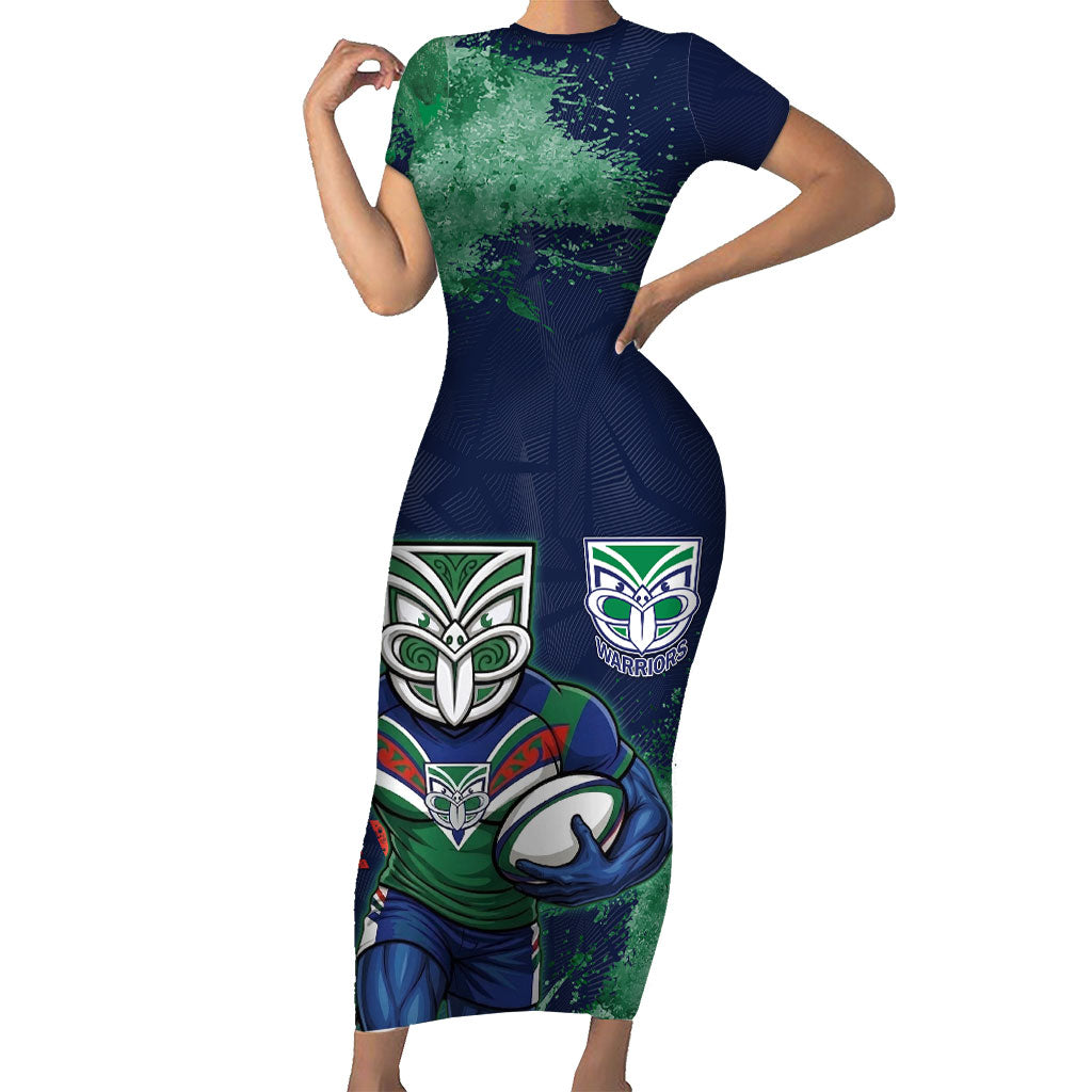 Personalised New Zealand Warriors Rugby Short Sleeve Bodycon Dress Maori The Wahs Mascot - Sporty Splash Art Style