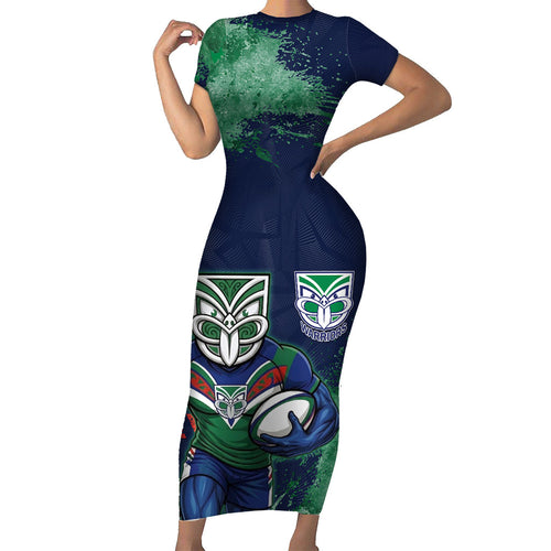 Personalised New Zealand Warriors Rugby Short Sleeve Bodycon Dress Maori The Wahs Mascot - Sporty Splash Art Style