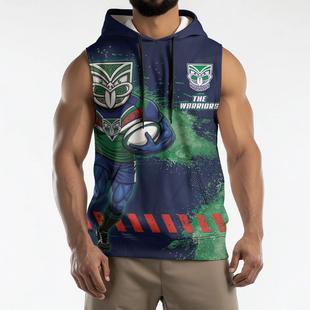 Personalised New Zealand Warriors Rugby Sleeveless Hoodie Maori The Wahs Mascot - Sporty Splash Art Style