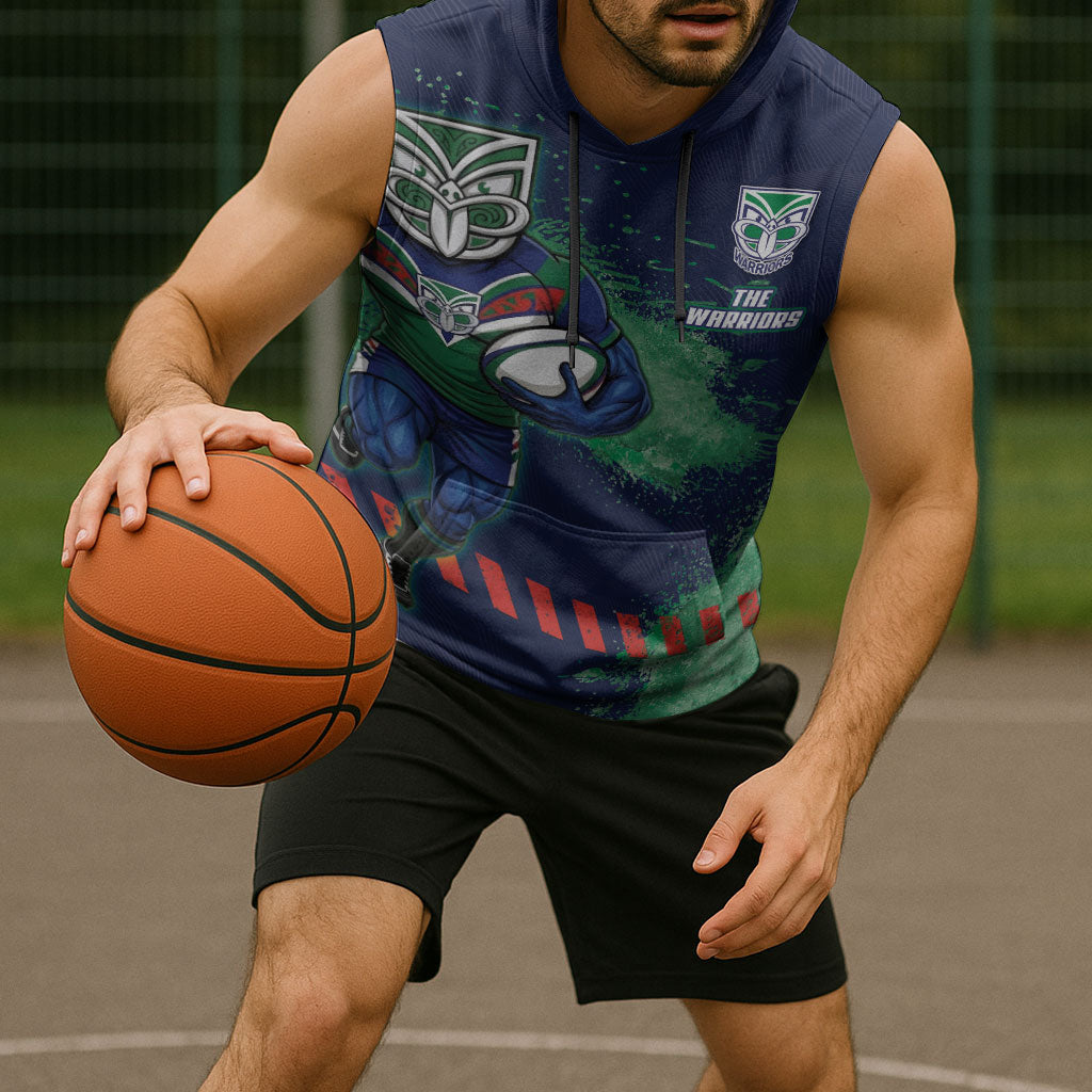 Personalised New Zealand Warriors Rugby Sleeveless Hoodie Maori The Wahs Mascot - Sporty Splash Art Style
